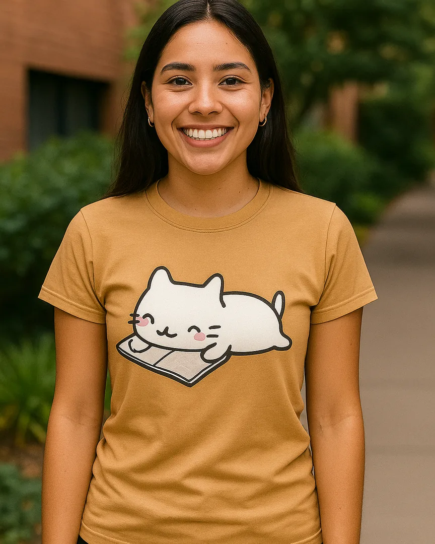 Camiseta Gatito Lector color Camel